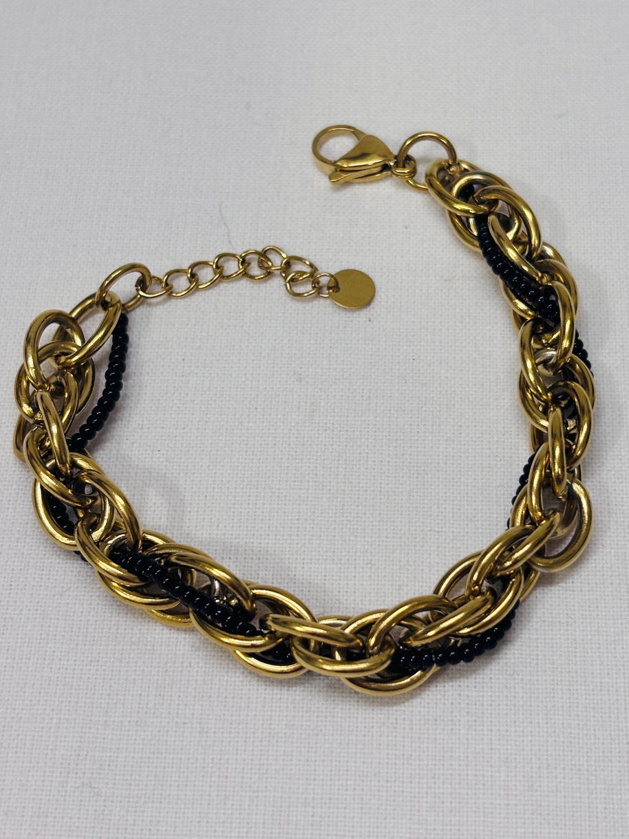 Bracciale catena oro con perline nere | Bracciale maglia larga acciaio inox | Bracciale elegante donna regolabile