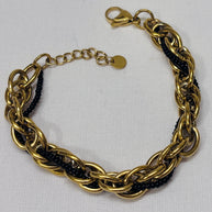 Bracciale catena oro con perline nere | Bracciale maglia larga acciaio inox | Bracciale elegante donna regolabile