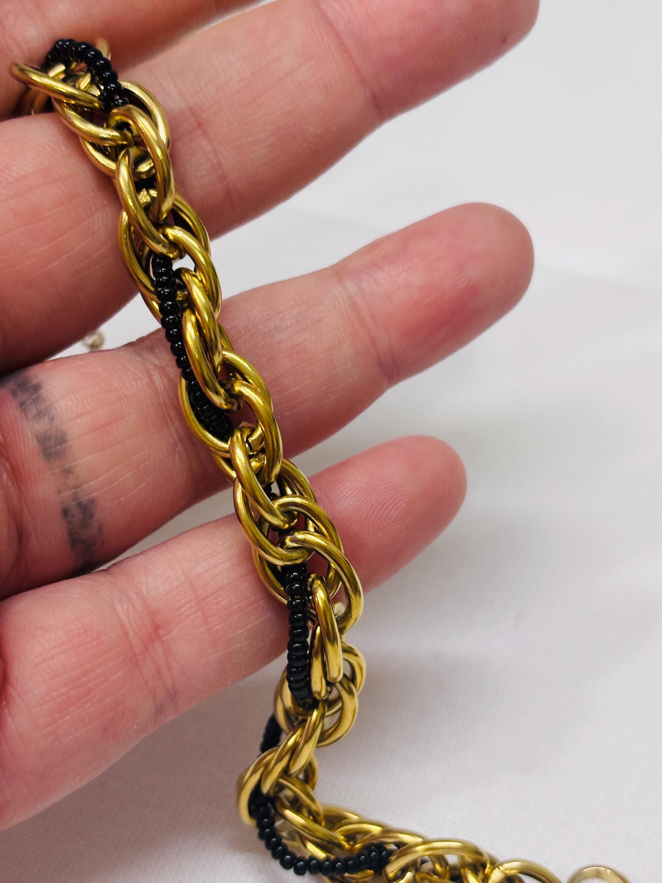 Bracciale catena oro con perline nere | Bracciale maglia larga acciaio inox | Bracciale elegante donna regolabile