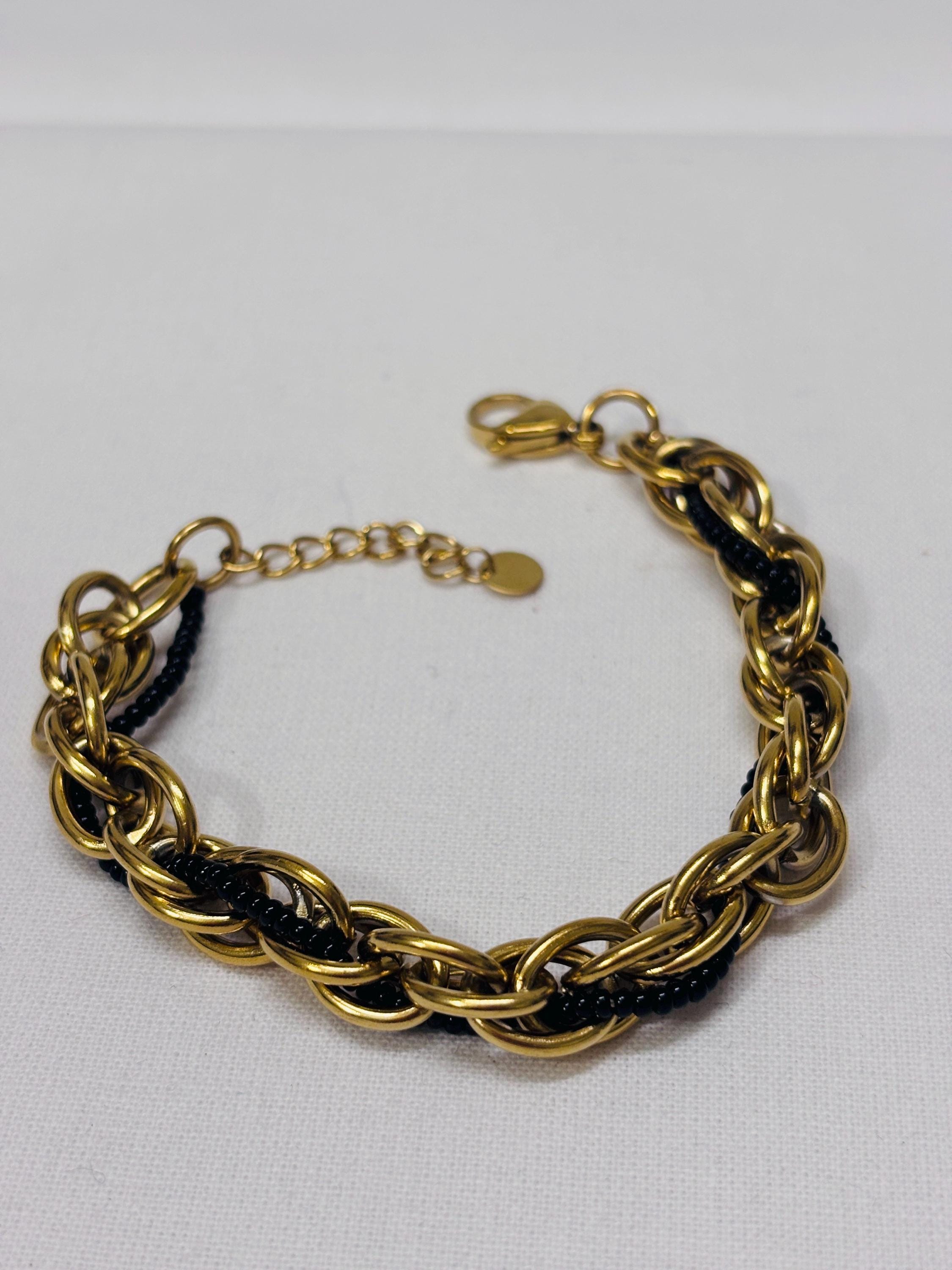 Bracciale catena oro con perline nere | Bracciale maglia larga acciaio inox | Bracciale elegante donna regolabile