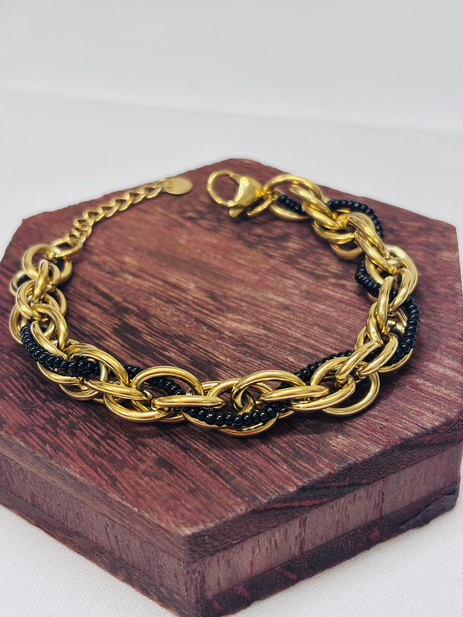 Bracciale catena oro con perline nere | Bracciale maglia larga acciaio inox | Bracciale elegante donna regolabile
