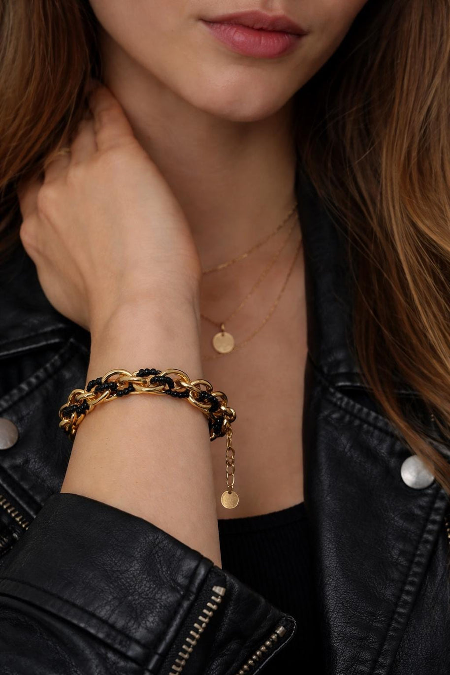 Bracciale catena oro con perline nere | Bracciale maglia larga acciaio inox | Bracciale elegante donna regolabile