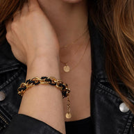 Bracciale catena oro con perline nere | Bracciale maglia larga acciaio inox | Bracciale elegante donna regolabile