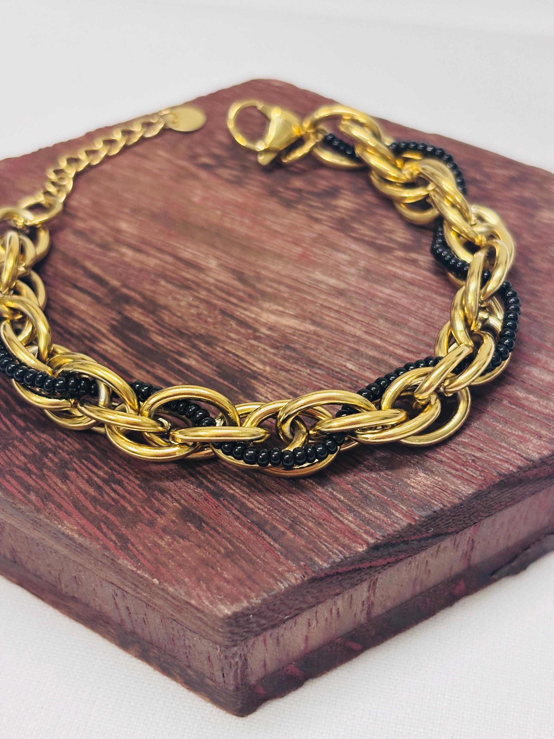 Bracciale catena oro con perline nere | Bracciale maglia larga acciaio inox | Bracciale elegante donna regolabile