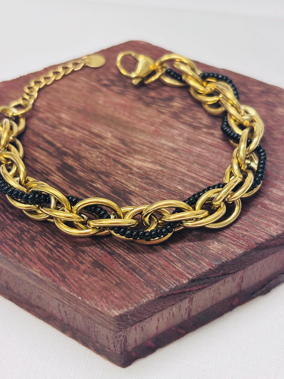 Bracciale catena oro con perline nere | Bracciale maglia larga acciaio inox | Bracciale elegante donna regolabile