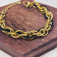 Bracciale catena oro con perline nere | Bracciale maglia larga acciaio inox | Bracciale elegante donna regolabile