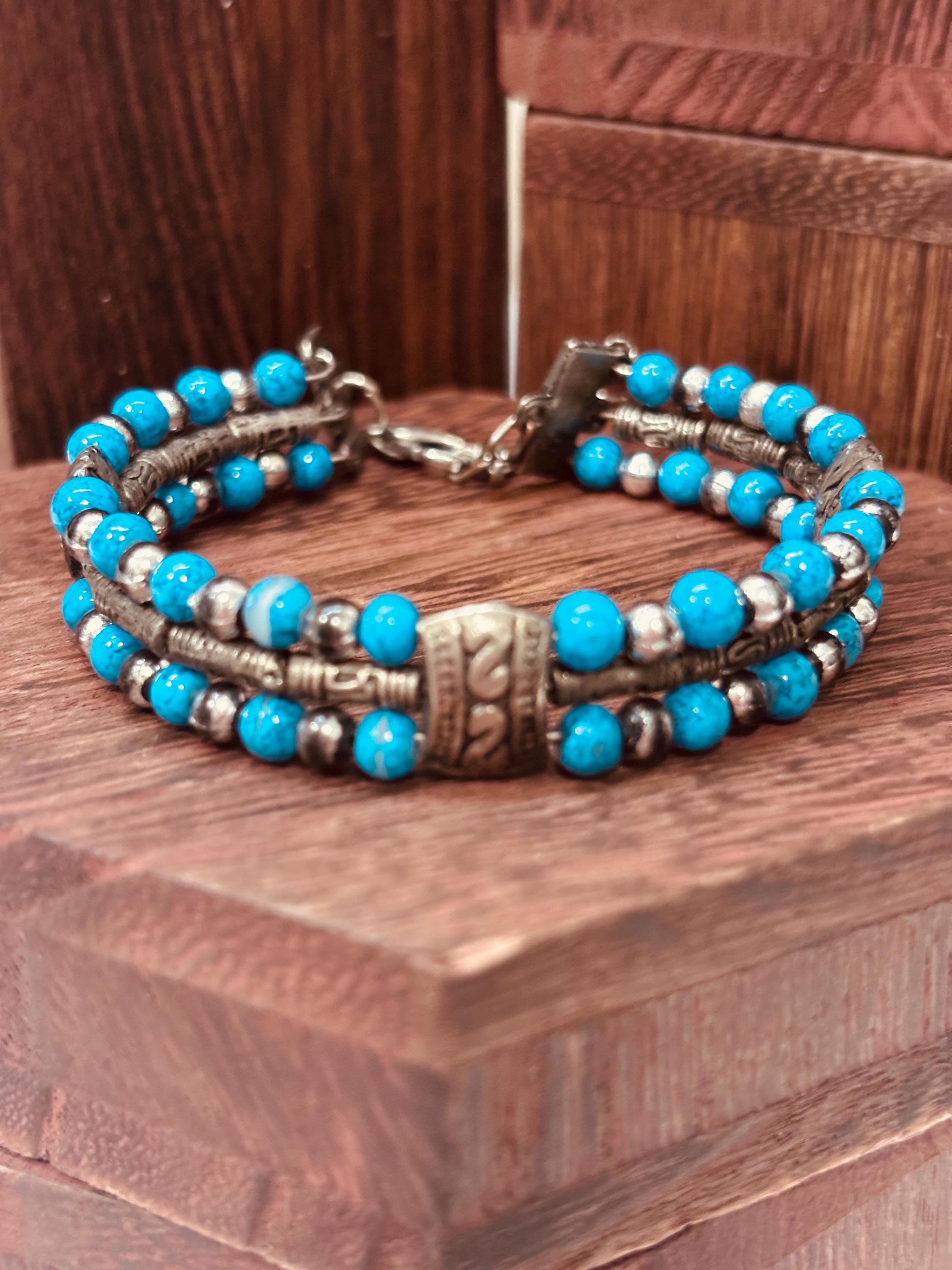 Bracciale uomo pietra turchese | Bracciale perline etnico boho | Gioiello uomo semirigido | Idea regalo uomo