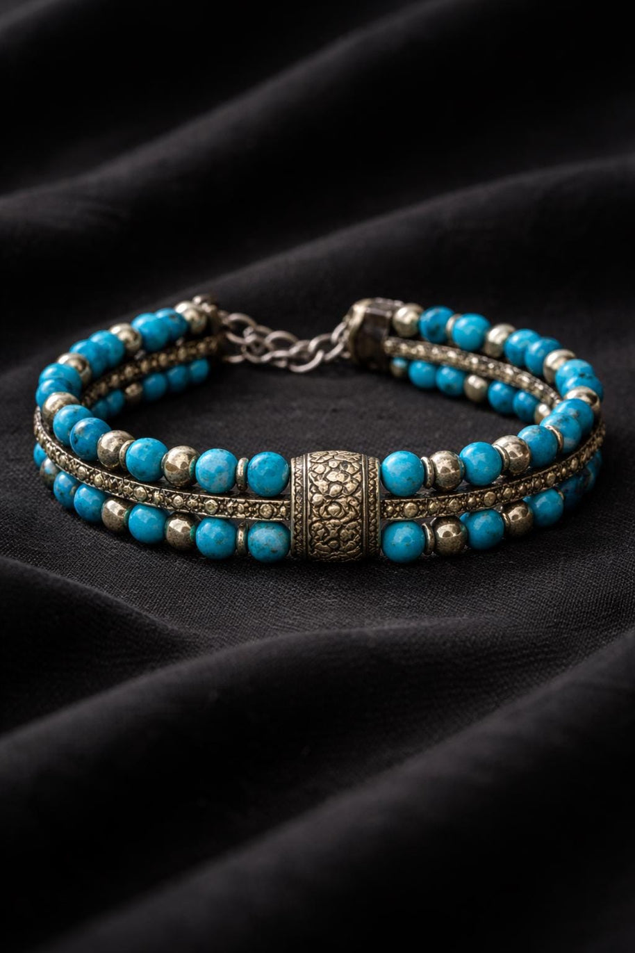 Bracciale uomo pietra turchese | Bracciale perline etnico boho | Gioiello uomo semirigido | Idea regalo uomo