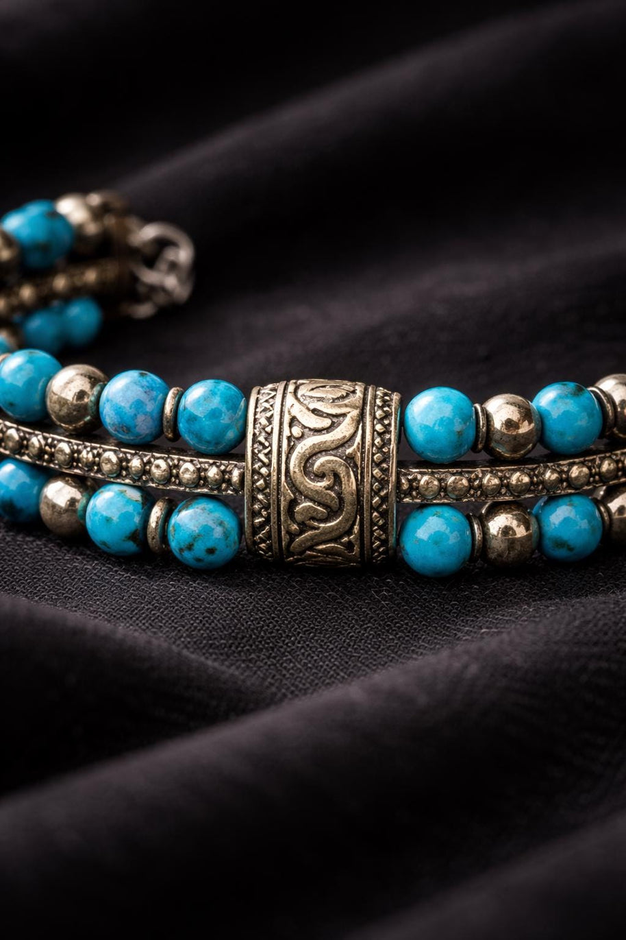 Bracciale uomo pietra turchese | Bracciale perline etnico boho | Gioiello uomo semirigido | Idea regalo uomo