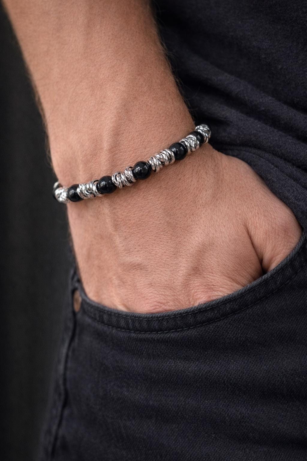 Bracciale uomo pietre naturali e acciaio | Bracciale elasticizzato uomo onice lapislazzuli jasper | Bracciale minimal uomo |Idea regalo uomo