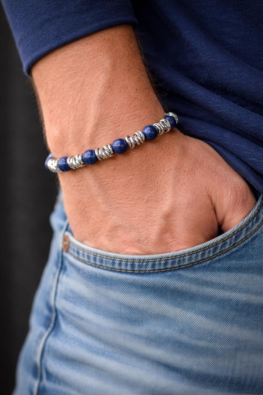 Bracciale uomo pietre naturali e acciaio | Bracciale elasticizzato uomo onice lapislazzuli jasper | Bracciale minimal uomo |Idea regalo uomo