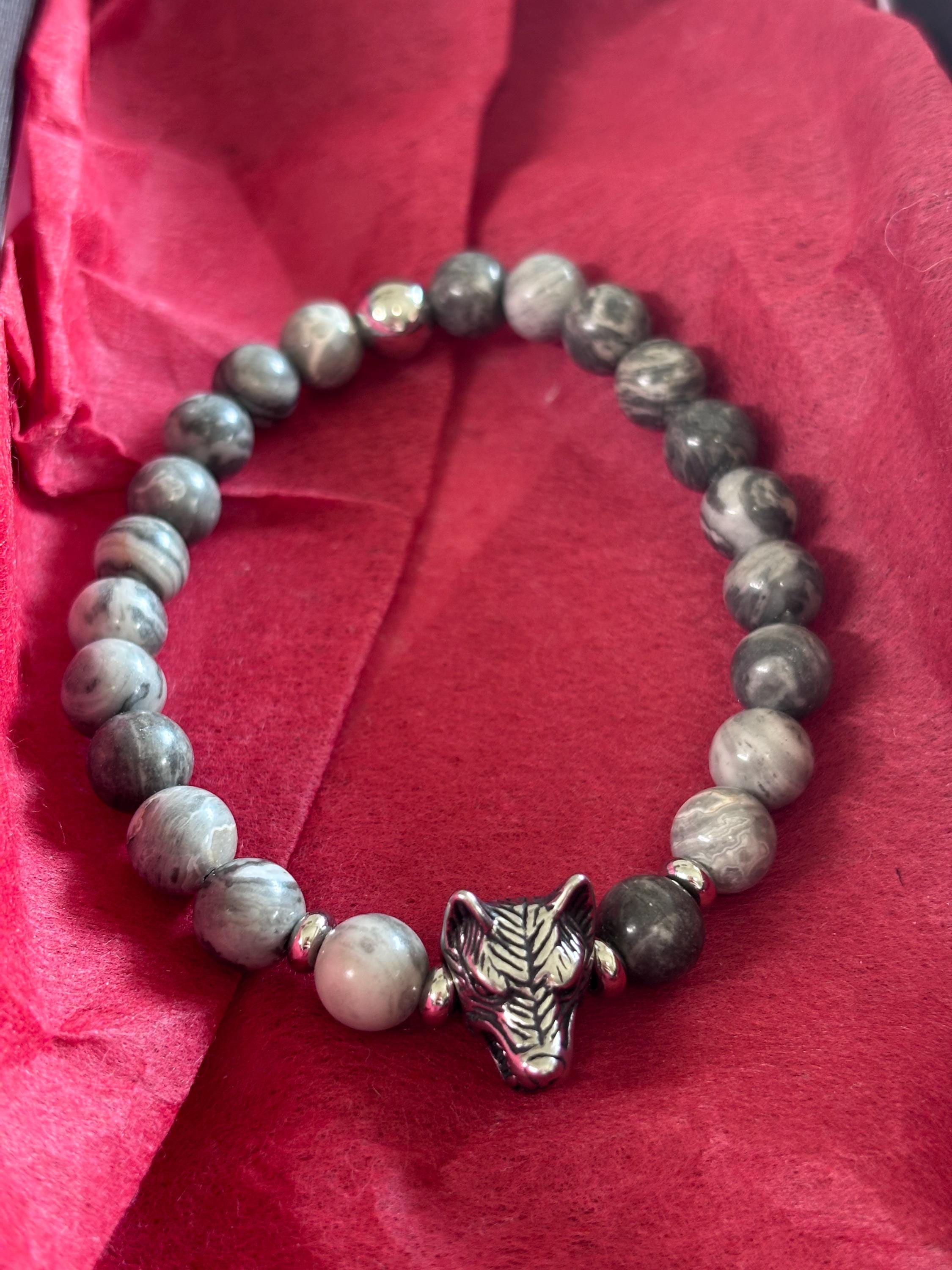 Bracciale uomo Agata grigia con lupo in acciaio | Bracciale elastico pietre naturali | Wolf bracelet uomo | Regalo uomo