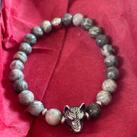 Bracciale uomo Agata grigia con lupo in acciaio | Bracciale elastico pietre naturali | Wolf bracelet uomo | Regalo uomo
