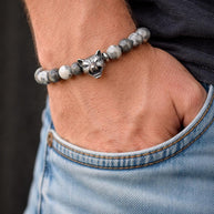 Bracciale uomo Agata grigia con lupo in acciaio | Bracciale elastico pietre naturali | Wolf bracelet uomo | Regalo uomo