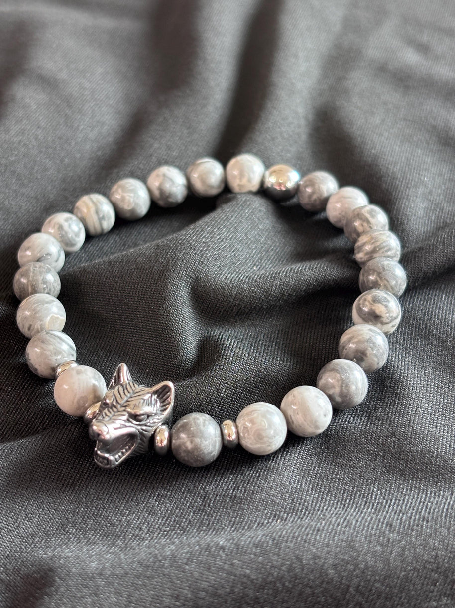 Bracciale uomo Agata grigia con lupo in acciaio | Bracciale elastico pietre naturali | Wolf bracelet uomo | Regalo uomo