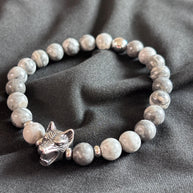 Bracciale uomo Agata grigia con lupo in acciaio | Bracciale elastico pietre naturali | Wolf bracelet uomo | Regalo uomo