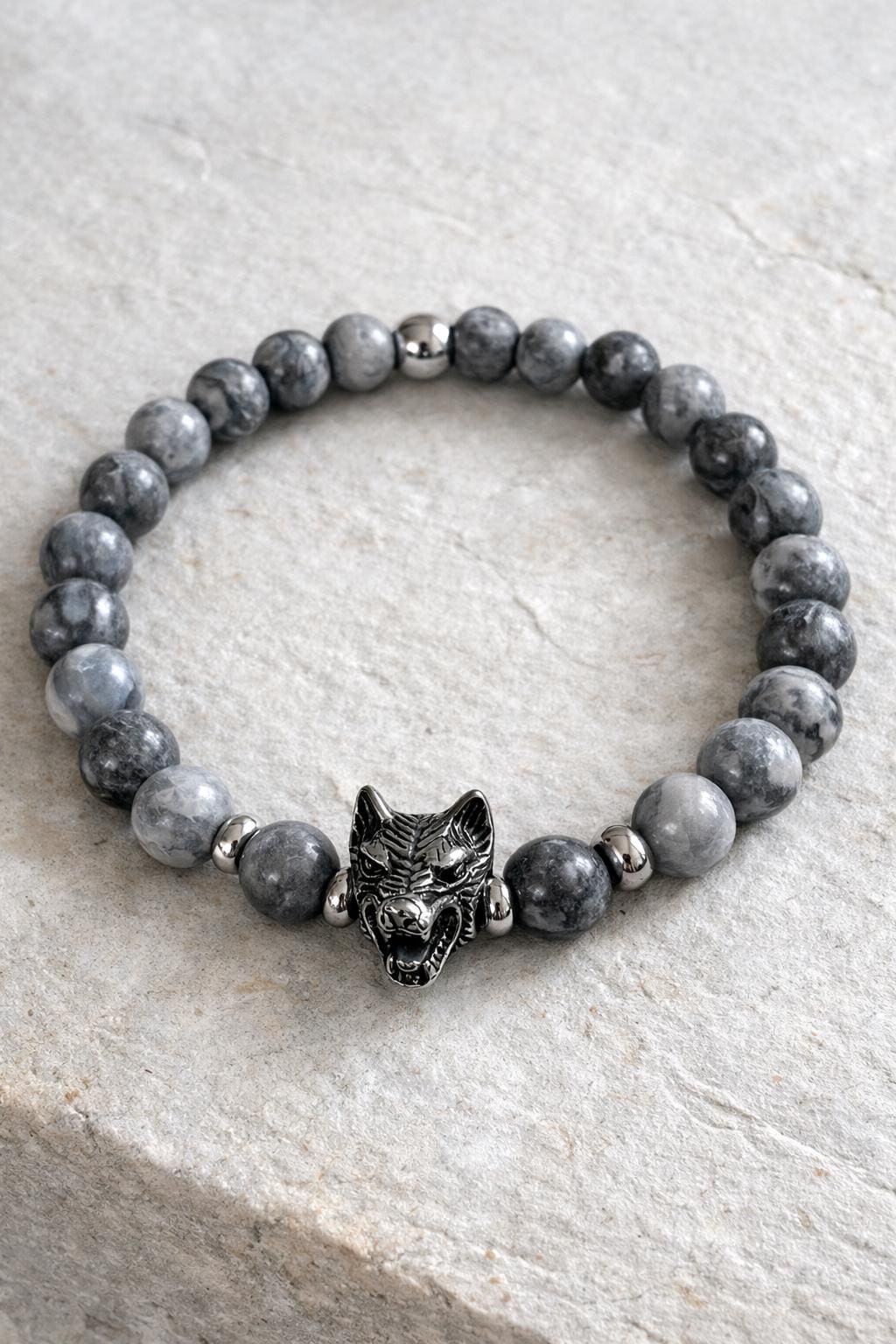 Bracciale uomo Agata grigia con lupo in acciaio | Bracciale elastico pietre naturali | Wolf bracelet uomo | Regalo uomo