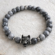Bracciale uomo Agata grigia con lupo in acciaio | Bracciale elastico pietre naturali | Wolf bracelet uomo | Regalo uomo