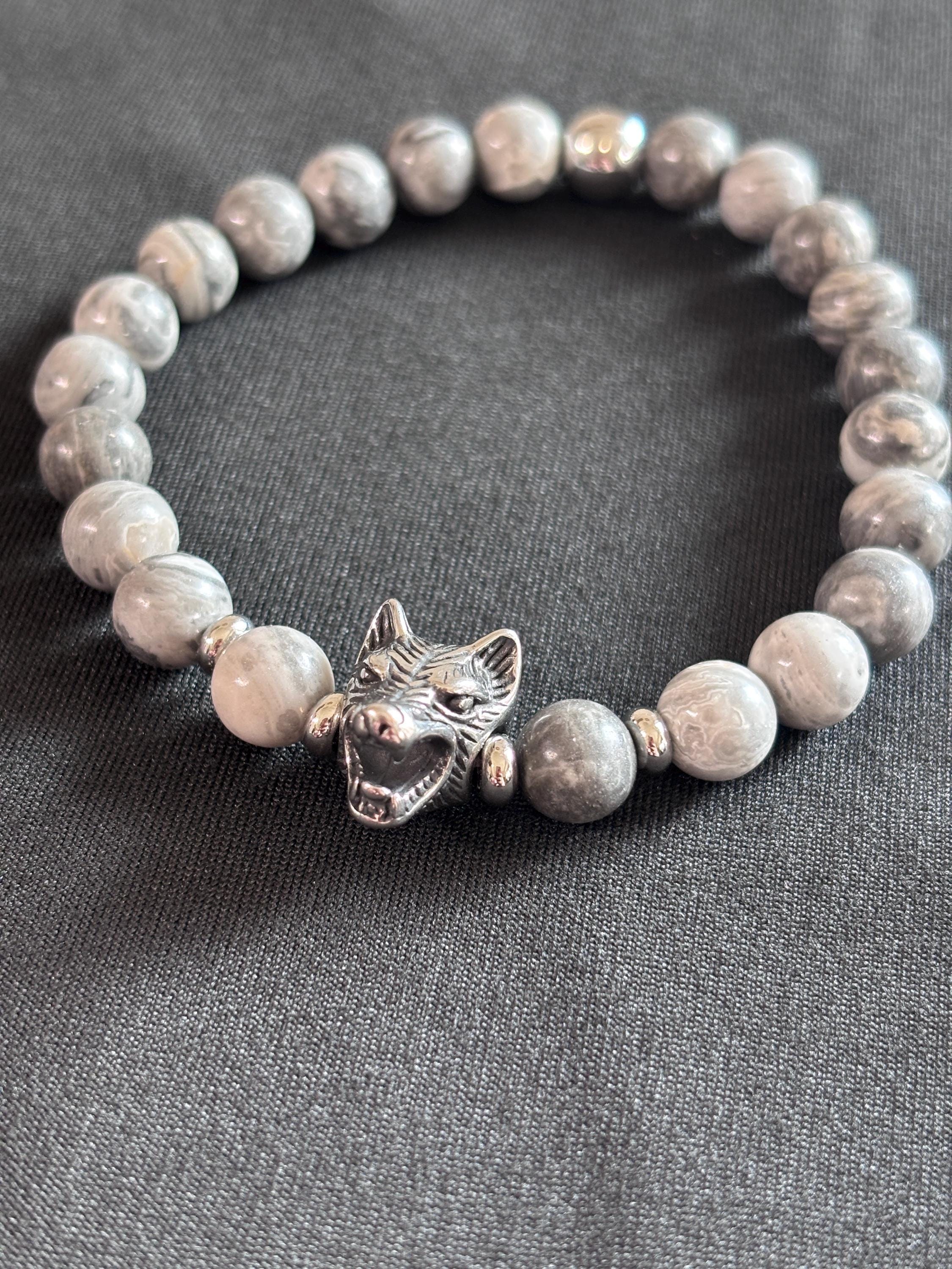 Bracciale uomo Agata grigia con lupo in acciaio | Bracciale elastico pietre naturali | Wolf bracelet uomo | Regalo uomo