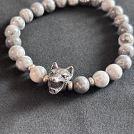 Bracciale uomo Agata grigia con lupo in acciaio | Bracciale elastico pietre naturali | Wolf bracelet uomo | Regalo uomo
