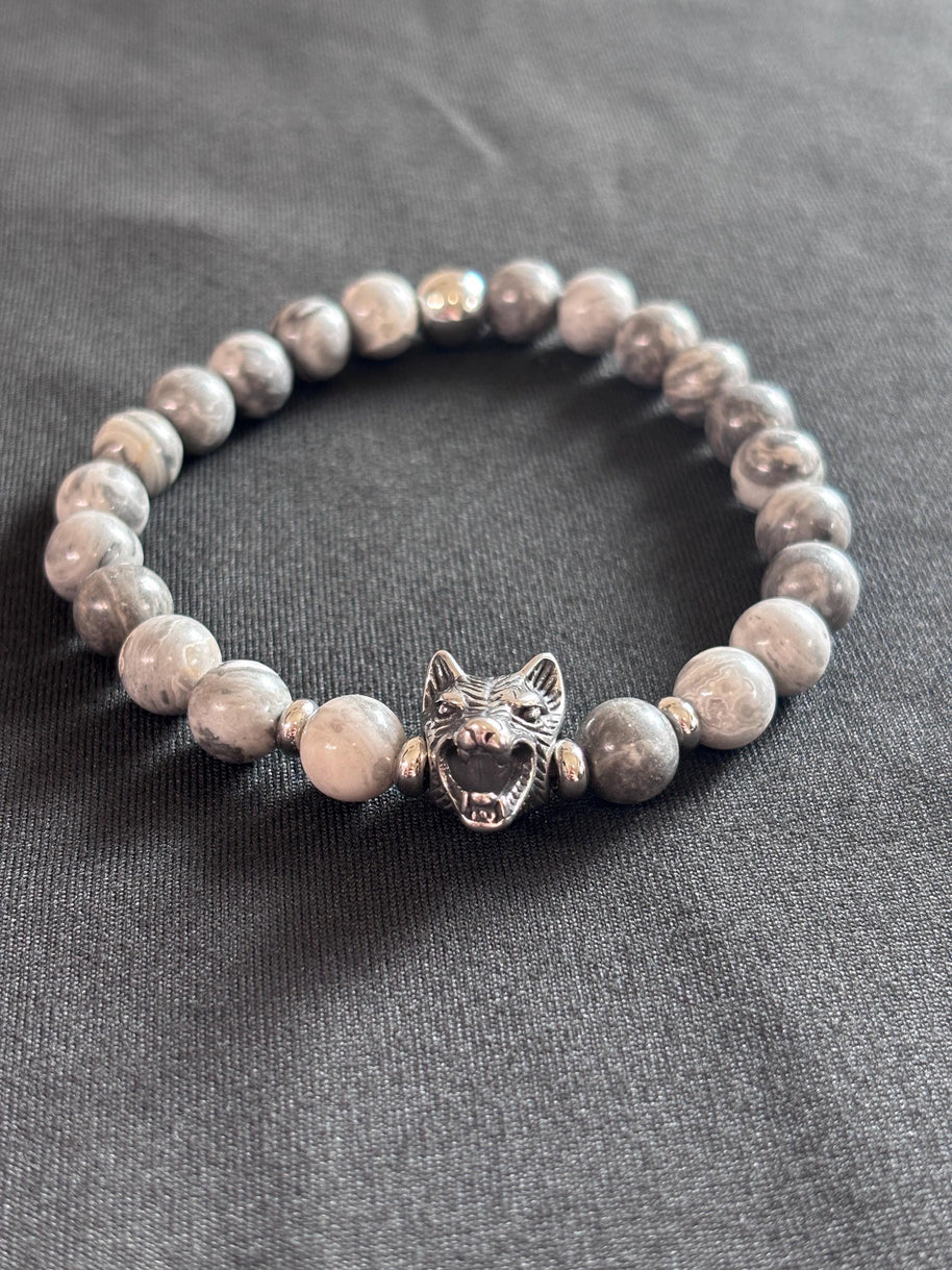 Bracciale uomo Agata grigia con lupo in acciaio | Bracciale elastico pietre naturali | Wolf bracelet uomo | Regalo uomo