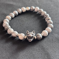 Bracciale uomo Agata grigia con lupo in acciaio | Bracciale elastico pietre naturali | Wolf bracelet uomo | Regalo uomo