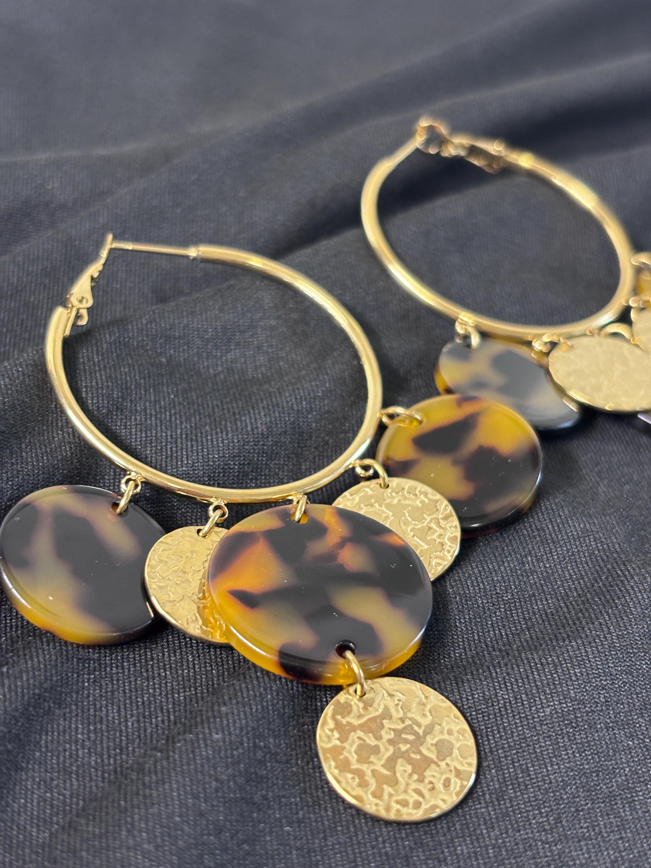Orecchini cerchio grandi tartarugati | Hoop earrings acciaio e resina | Orecchini pendenti oro donna eleganti | Orecchini estivi