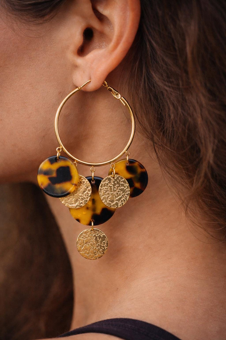 Orecchini cerchio grandi tartarugati | Hoop earrings acciaio e resina | Orecchini pendenti oro donna eleganti | Orecchini estivi
