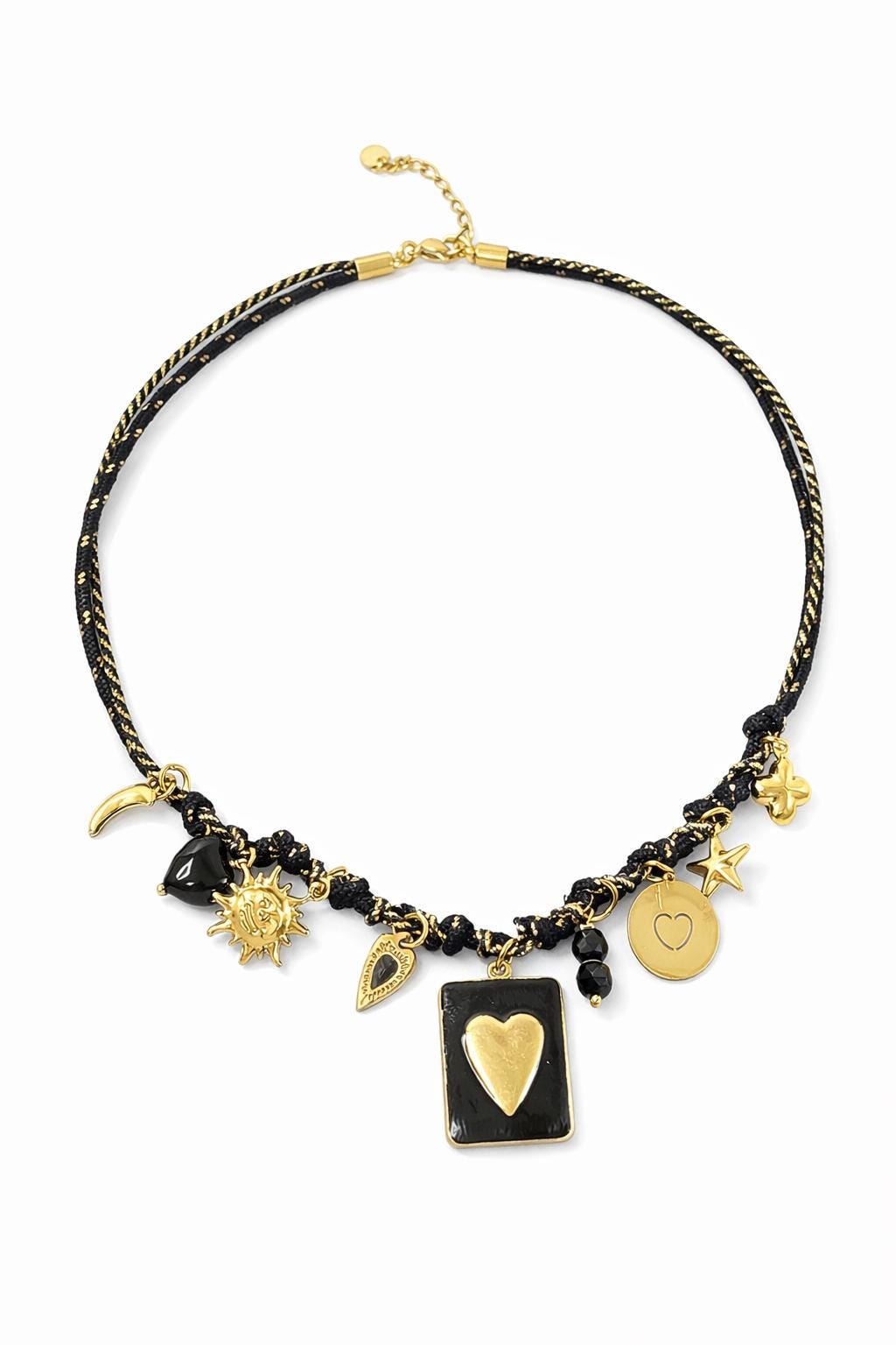 Black gold charm necklace heart | Collana charms nera e oro | Collana ciondoli sole stella corno | Charm necklace black gold