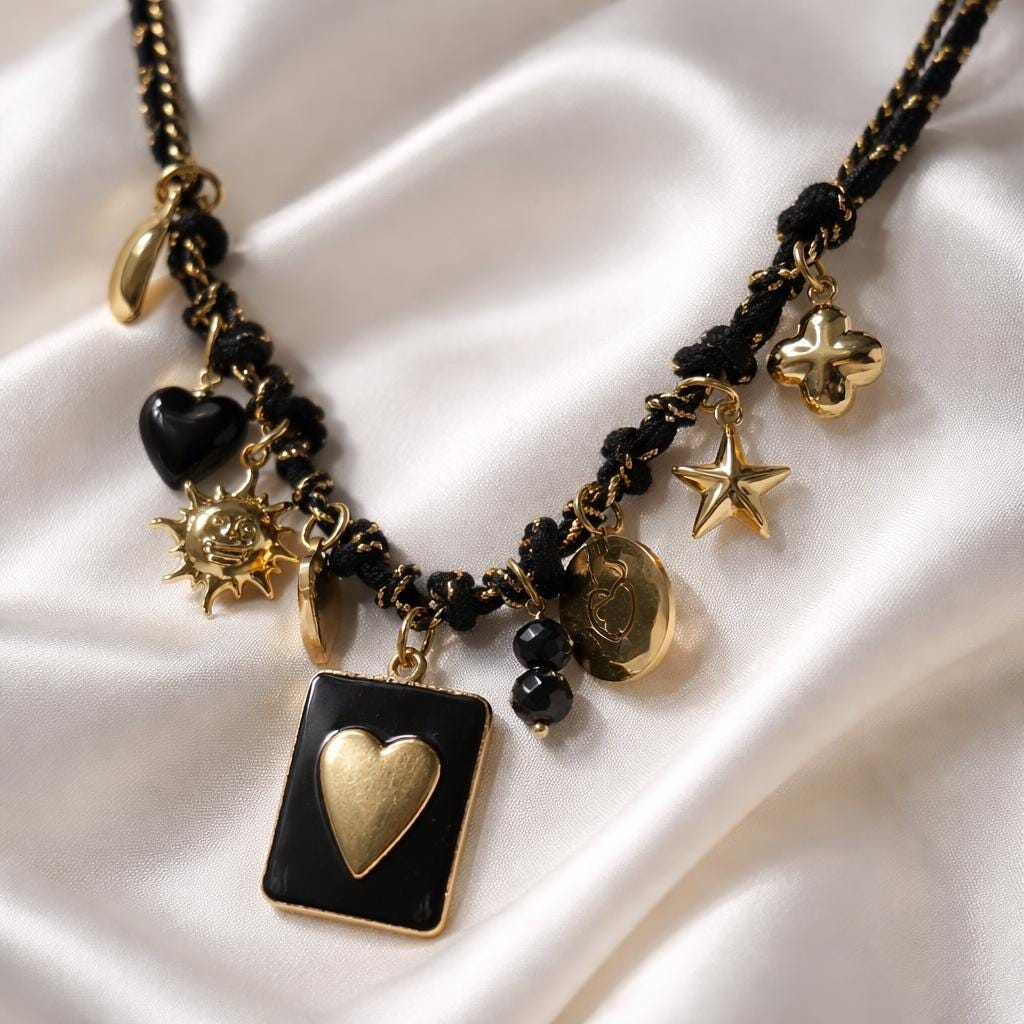 Black gold charm necklace heart | Collana charms nera e oro | Collana ciondoli sole stella corno | Charm necklace black gold