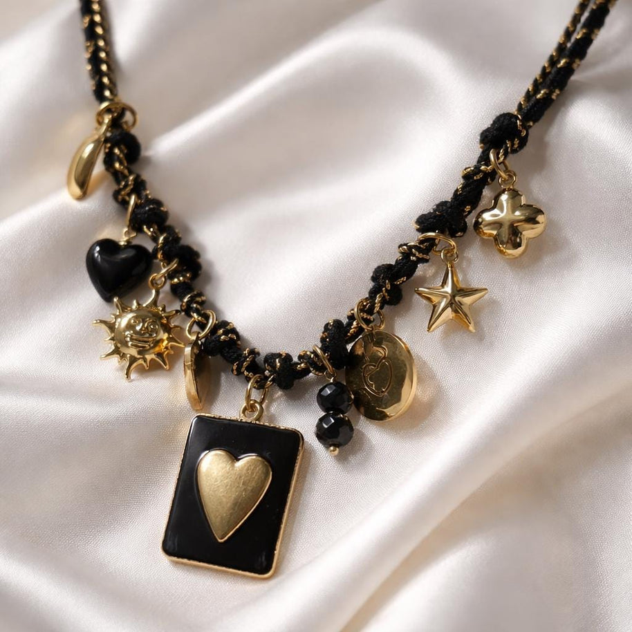 Black gold charm necklace heart | Collana charms nera e oro | Collana ciondoli sole stella corno | Charm necklace black gold