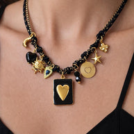 Black gold charm necklace heart | Collana charms nera e oro | Collana ciondoli sole stella corno | Charm necklace black gold