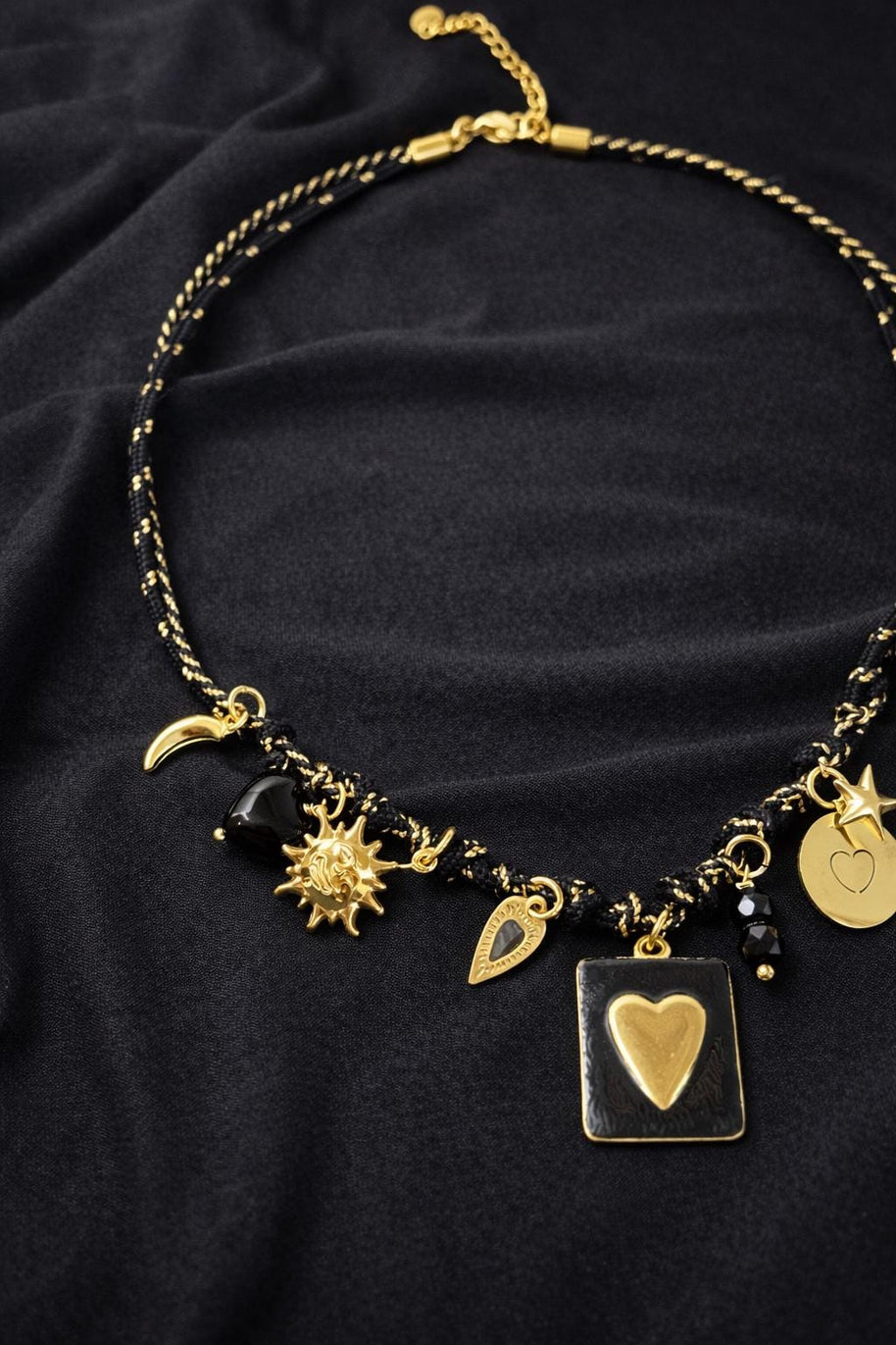 Black gold charm necklace heart | Collana charms nera e oro | Collana ciondoli sole stella corno | Charm necklace black gold