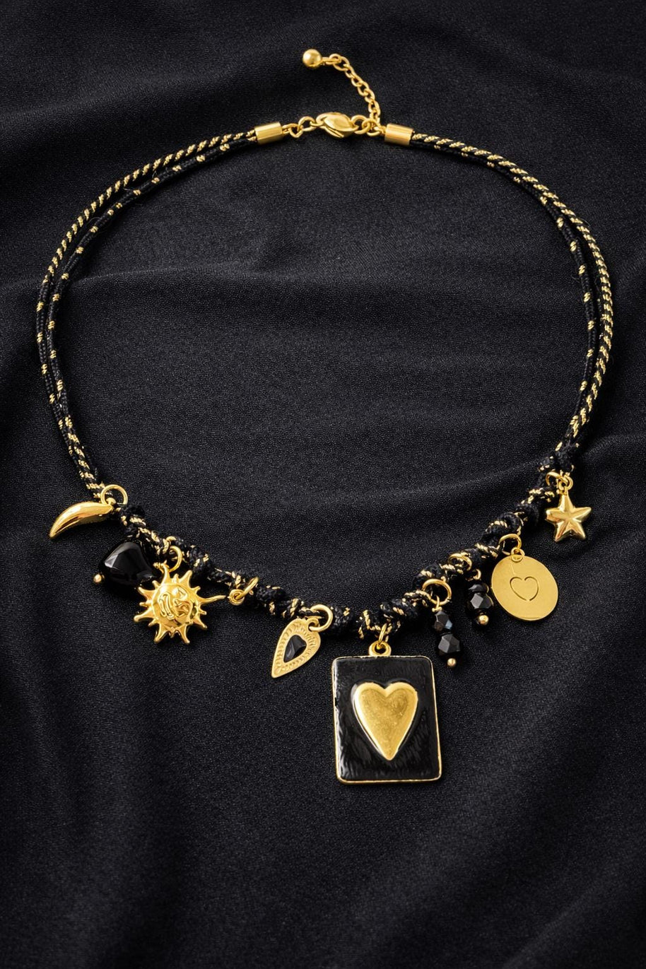 Black gold charm necklace heart | Collana charms nera e oro | Collana ciondoli sole stella corno | Charm necklace black gold