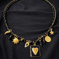 Black gold charm necklace heart | Collana charms nera e oro | Collana ciondoli sole stella corno | Charm necklace black gold