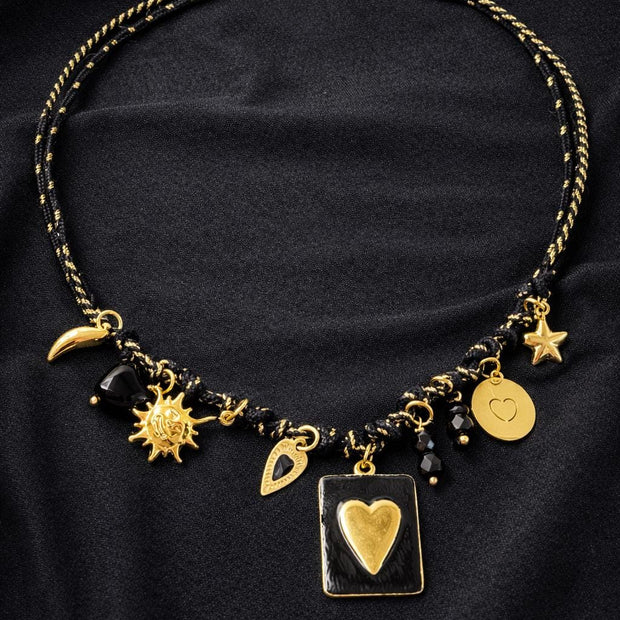 Black gold charm necklace heart | Collana charms nera e oro | Collana ciondoli sole stella corno | Charm necklace black gold