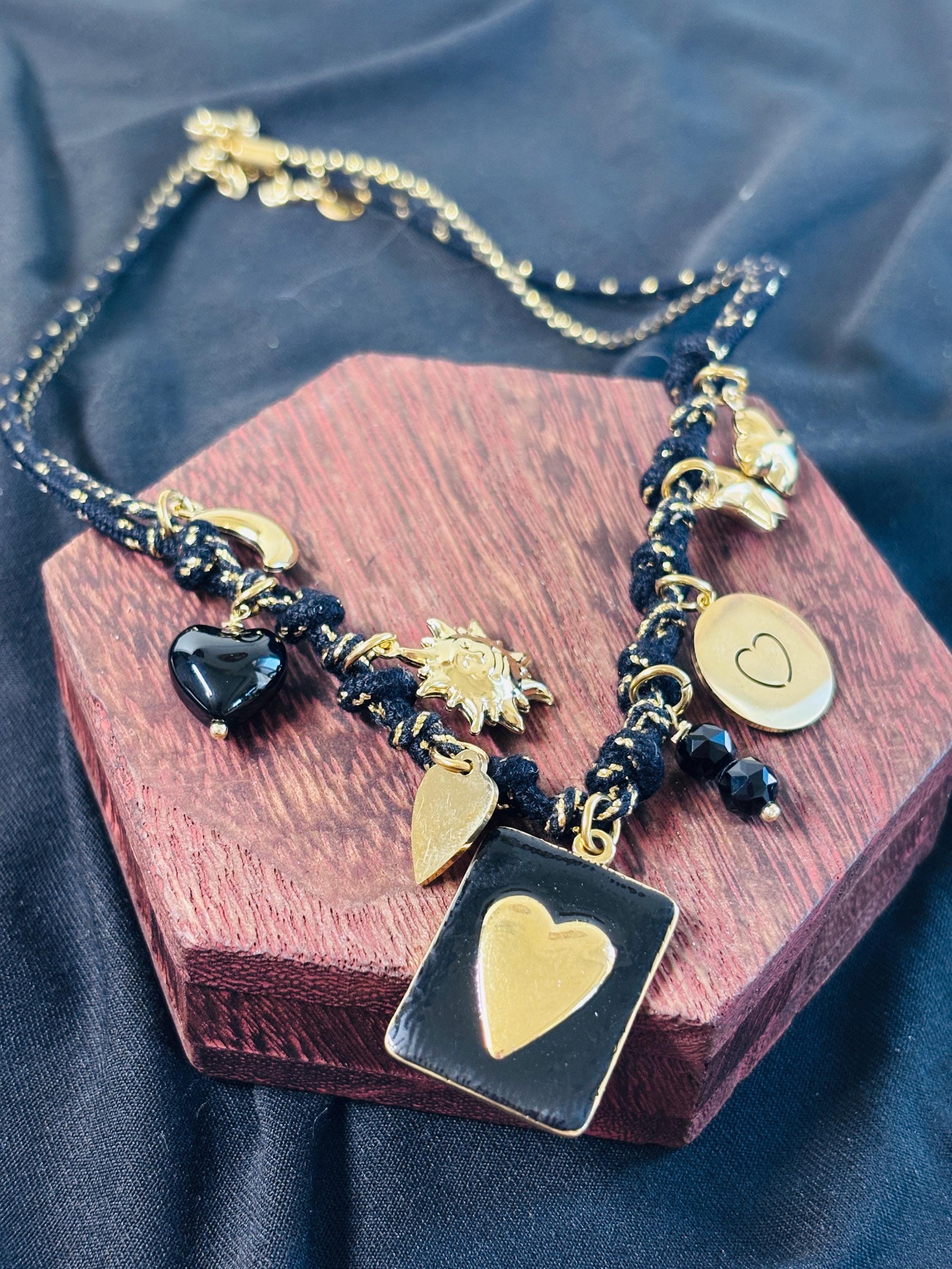 Black gold charm necklace heart | Collana charms nera e oro | Collana ciondoli sole stella corno | Charm necklace black gold