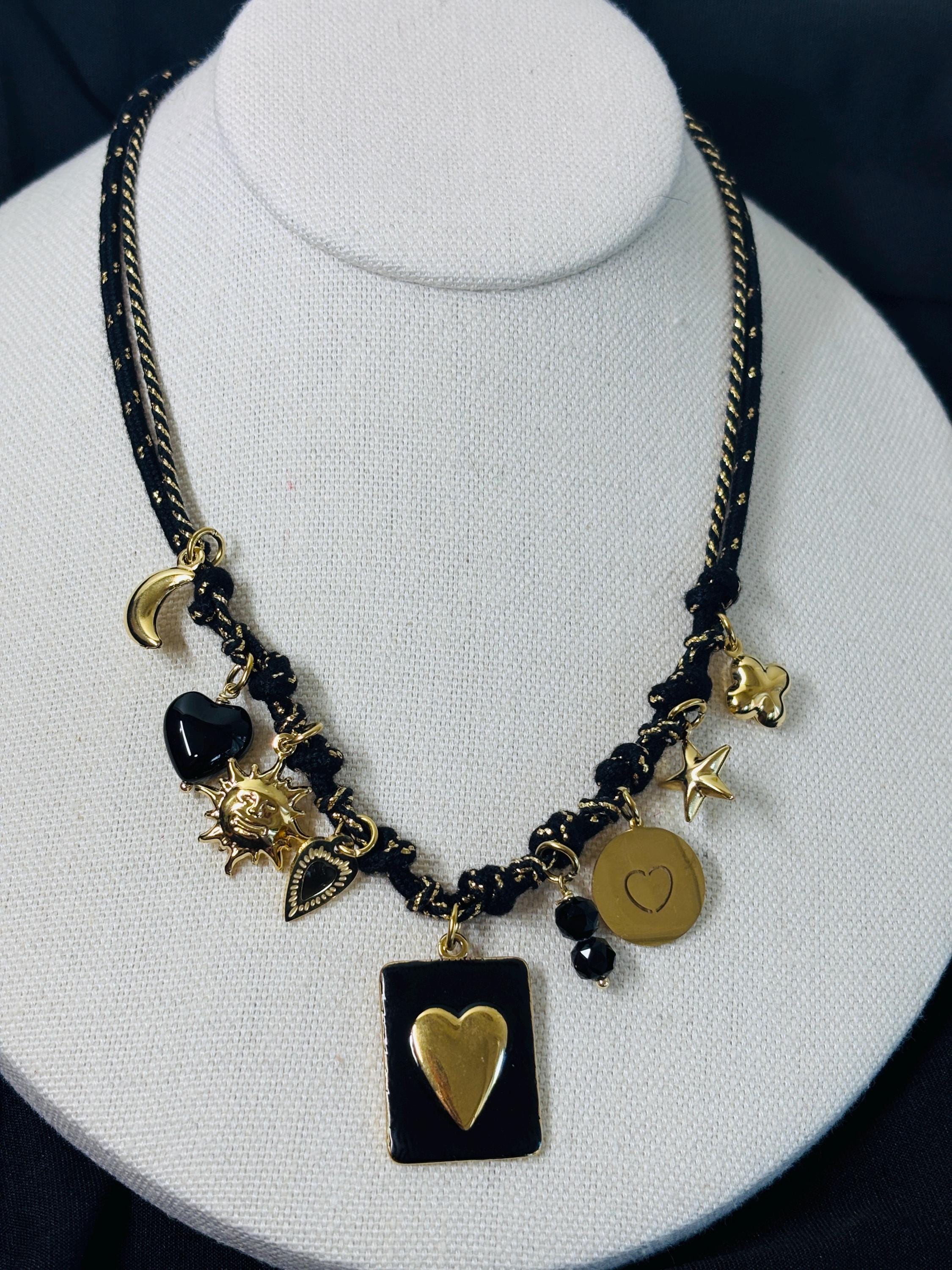 Black gold charm necklace heart | Collana charms nera e oro | Collana ciondoli sole stella corno | Charm necklace black gold