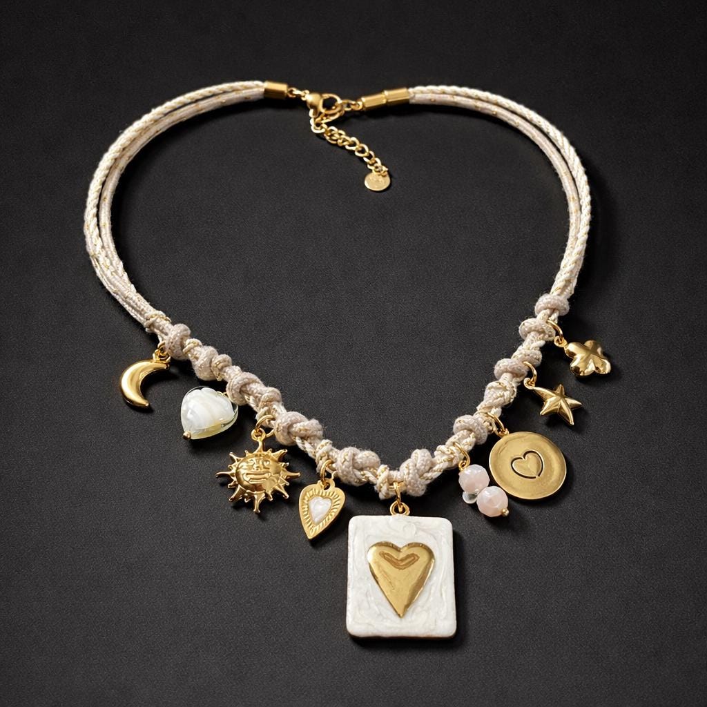 Black gold charm necklace heart | Collana charms panna e oro | Collana ciondoli sole stella luna | Charm necklace ivory gold