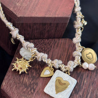 Black gold charm necklace heart | Collana charms panna e oro | Collana ciondoli sole stella luna | Charm necklace ivory gold