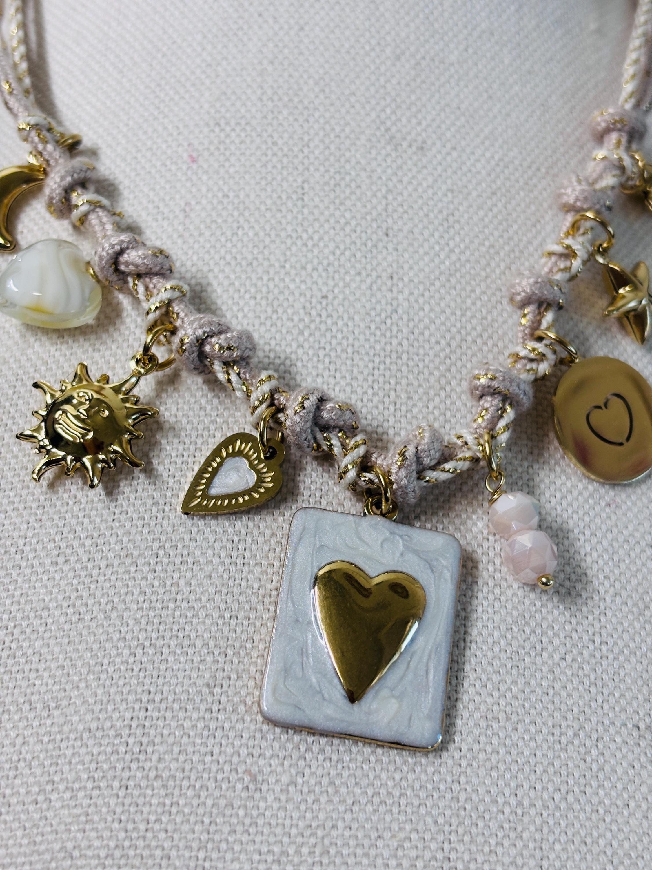 Black gold charm necklace heart | Collana charms panna e oro | Collana ciondoli sole stella luna | Charm necklace ivory gold