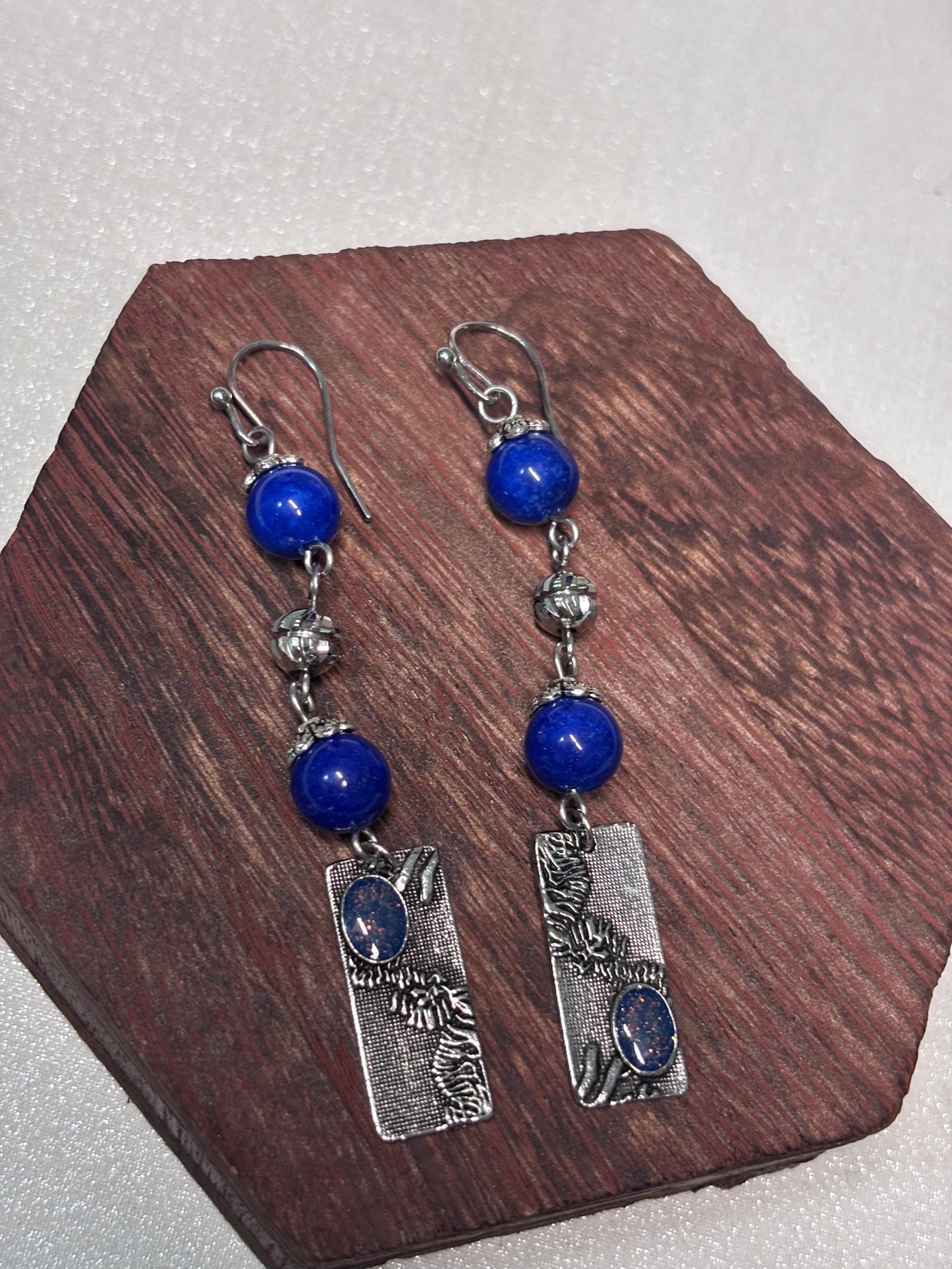 Orecchini boho blu pendenti con pietra | Orecchini lunghi artigianali in acciaio | Gioielli boho chic donna | Idea regalo donna