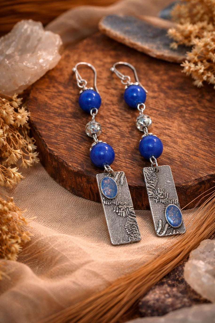 Orecchini boho blu pendenti con pietra | Orecchini lunghi artigianali in acciaio | Gioielli boho chic donna | Idea regalo donna