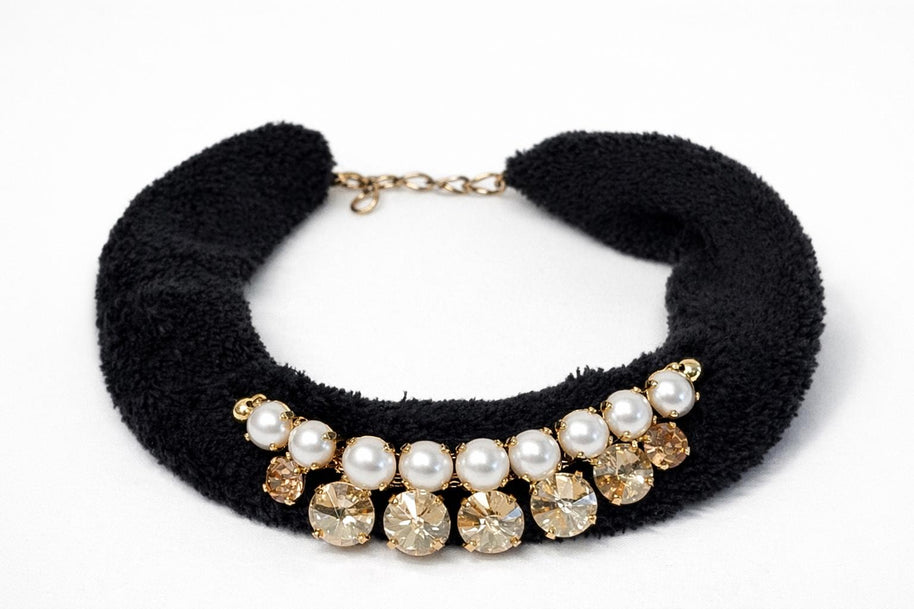 Collana girocollo in velluto nero con perle e cristalli champagne | Choker elegante donna | Collana glamour da sera | Idea regalo donna