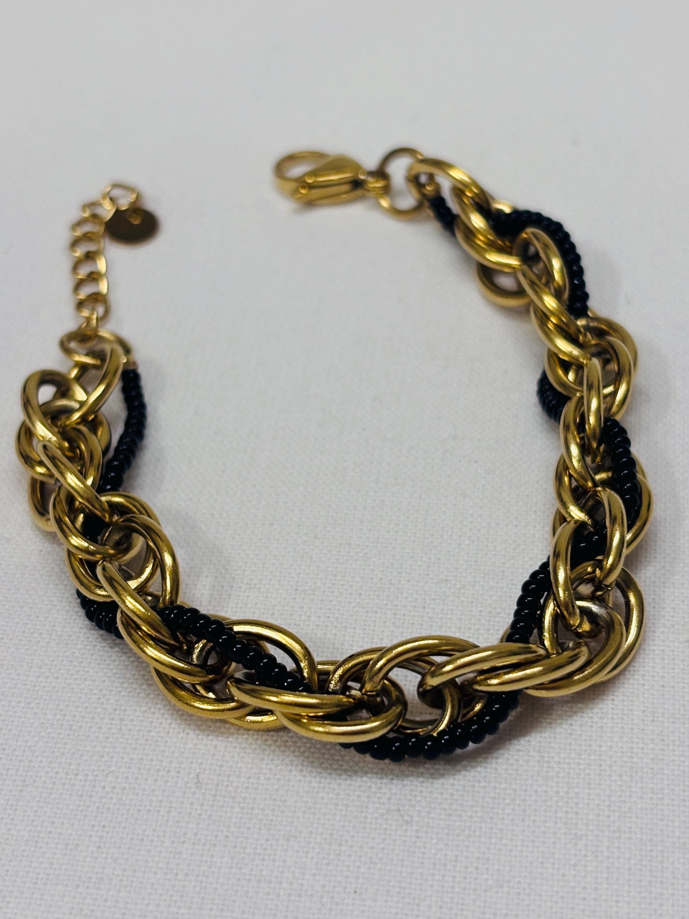 Bracciale catena oro con perline nere | Bracciale maglia larga acciaio inox | Bracciale elegante donna regolabile