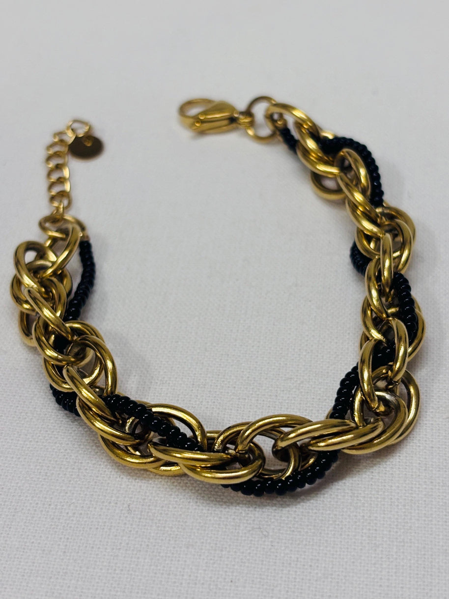 Bracciale catena oro con perline nere | Bracciale maglia larga acciaio inox | Bracciale elegante donna regolabile