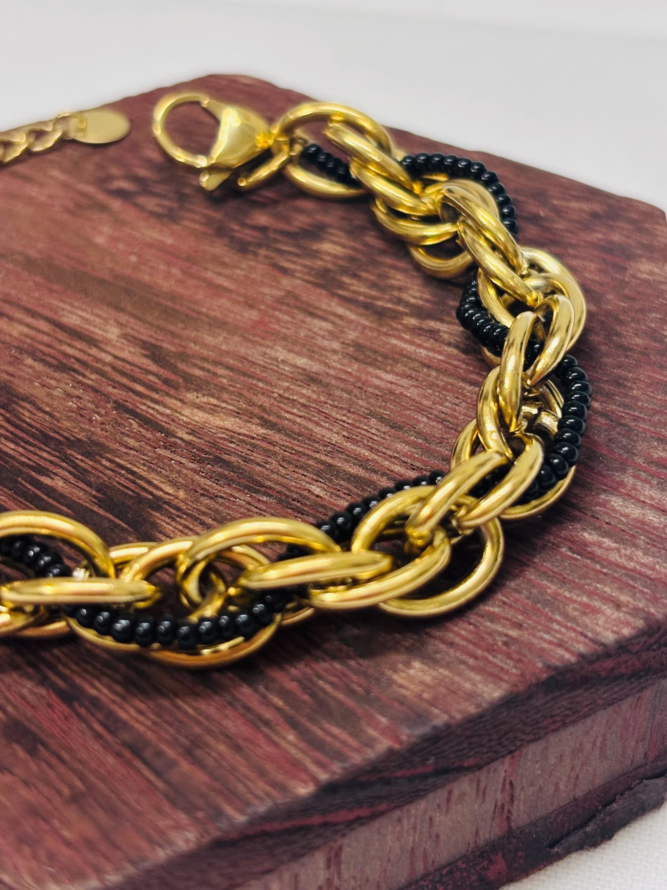 Bracciale catena oro con perline nere | Bracciale maglia larga acciaio inox | Bracciale elegante donna regolabile