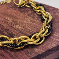Bracciale catena oro con perline nere | Bracciale maglia larga acciaio inox | Bracciale elegante donna regolabile