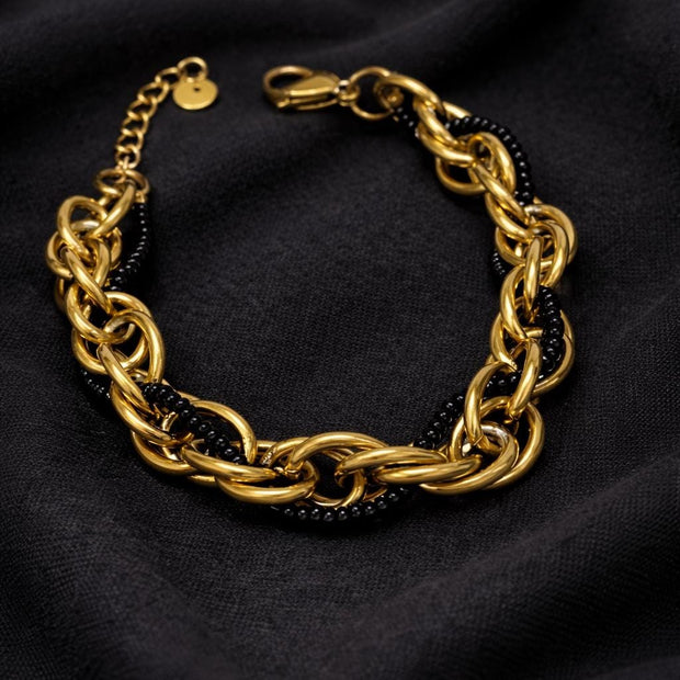 Bracciale catena oro con perline nere | Bracciale maglia larga acciaio inox | Bracciale elegante donna regolabile