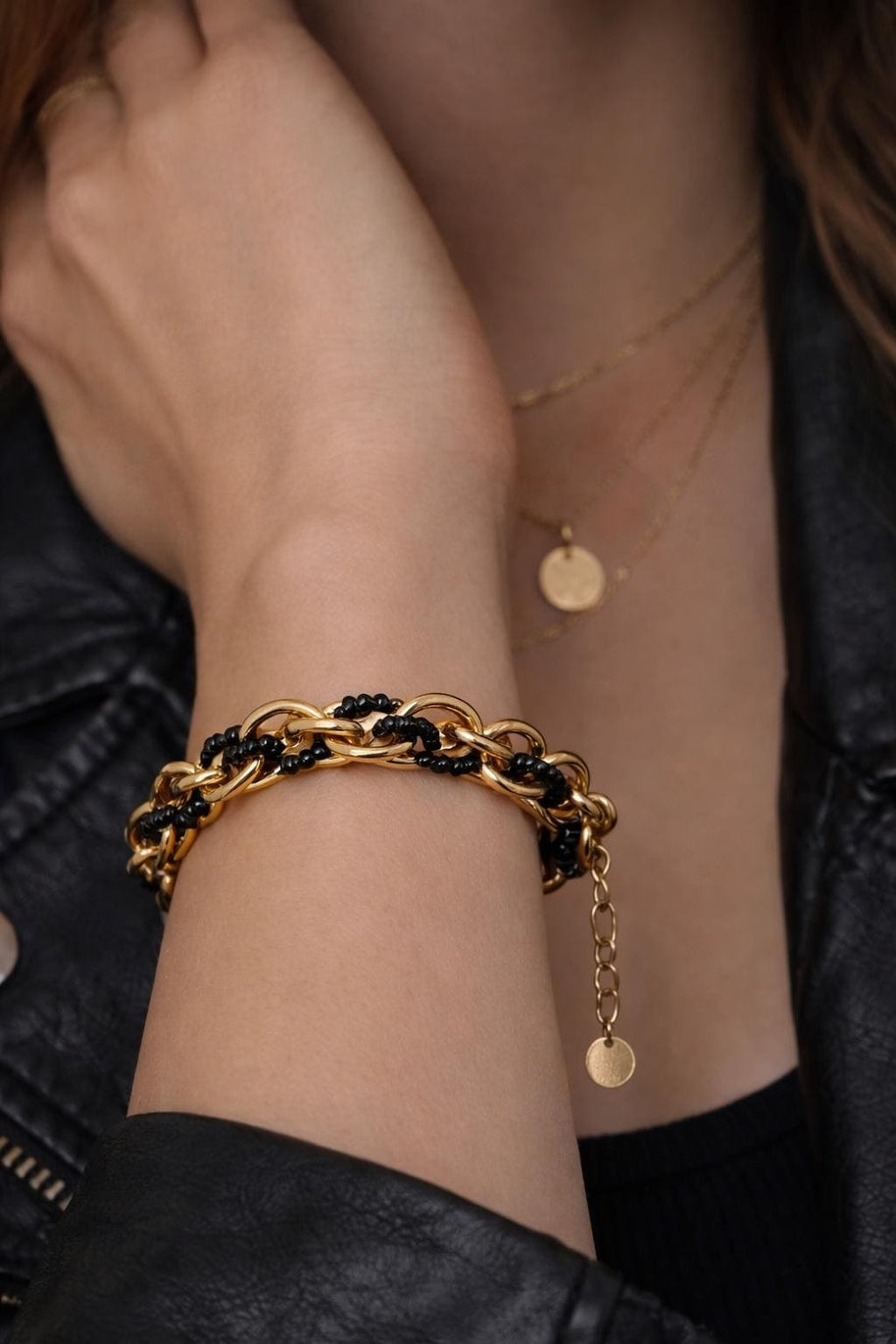 Bracciale catena oro con perline nere | Bracciale maglia larga acciaio inox | Bracciale elegante donna regolabile
